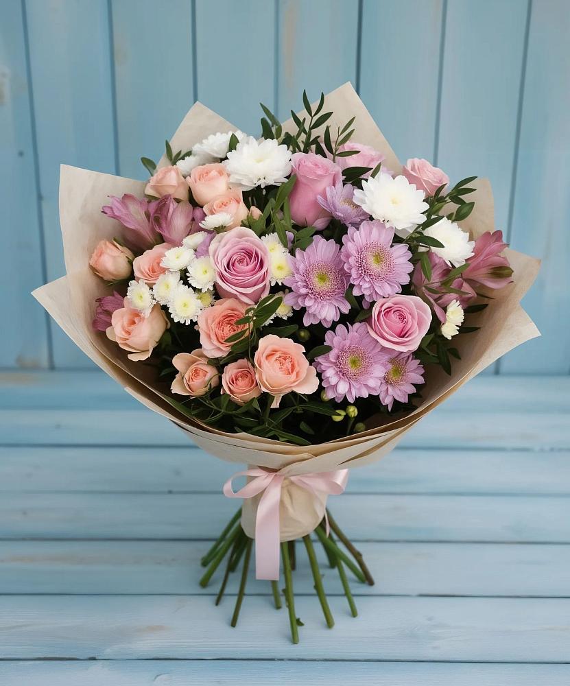 Букет цветов из: Хризантемы, Розы и Альстромерии в Сычёво