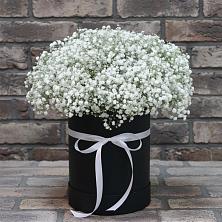 Цветочная композиция из Гипсофила в шляпной коробке в Сычёво