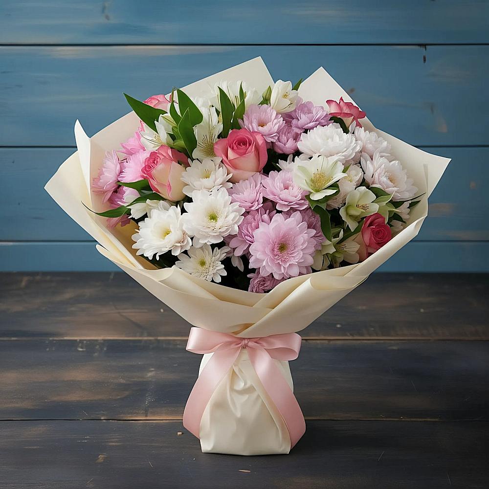 Букет цветов из: Хризантемы, Альстромерии и Розы в Сычёво